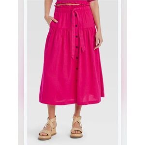 UNIVERSAL THREAD L Pink Linen Tie Waist Button Up Midi Skirt 2269-Q